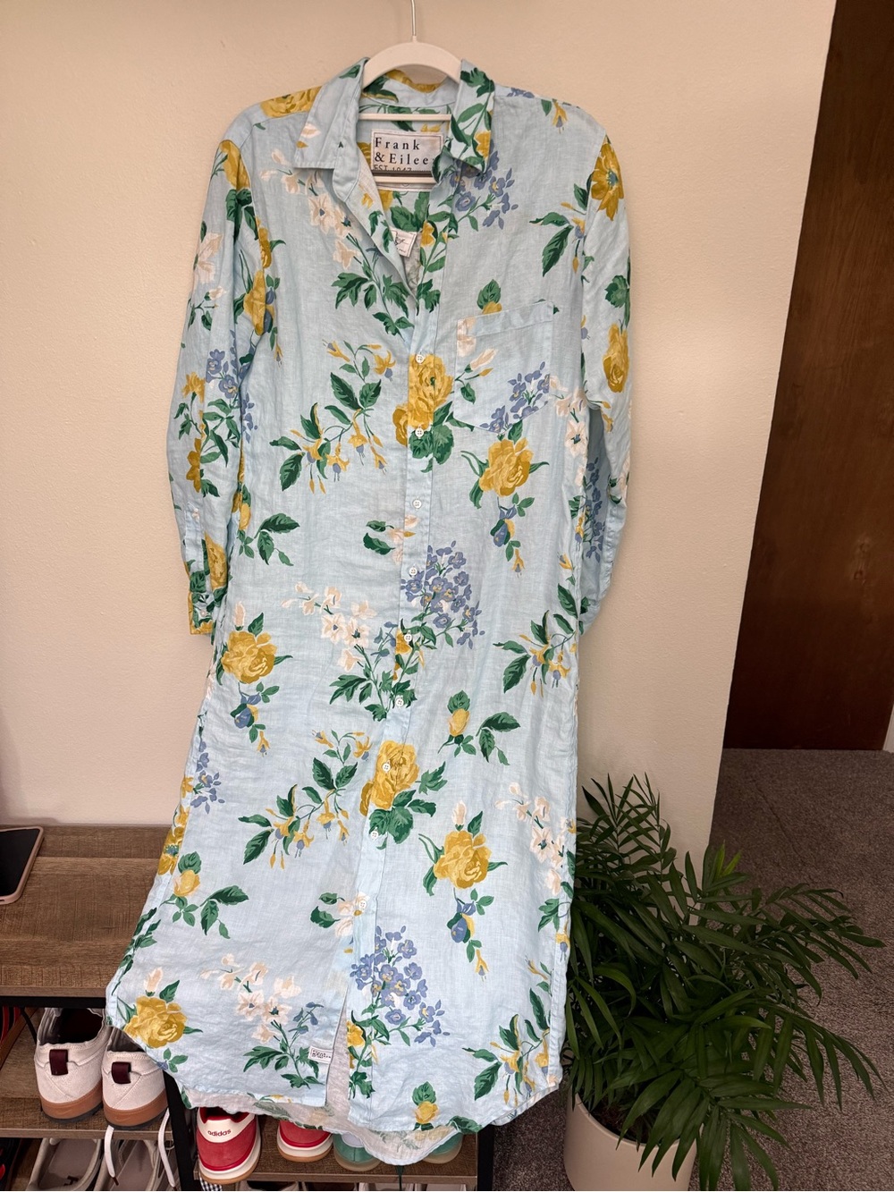 Frank & Eileen Rory Pale Blue Floral Long Sleeve Button-Down Dress